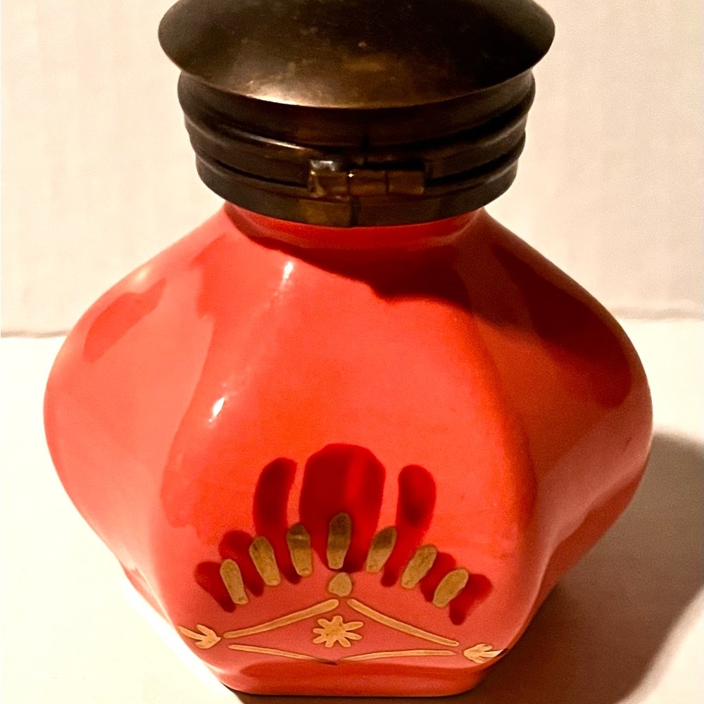 Antique porcelain and brass inkwell hand painted rose gold accent